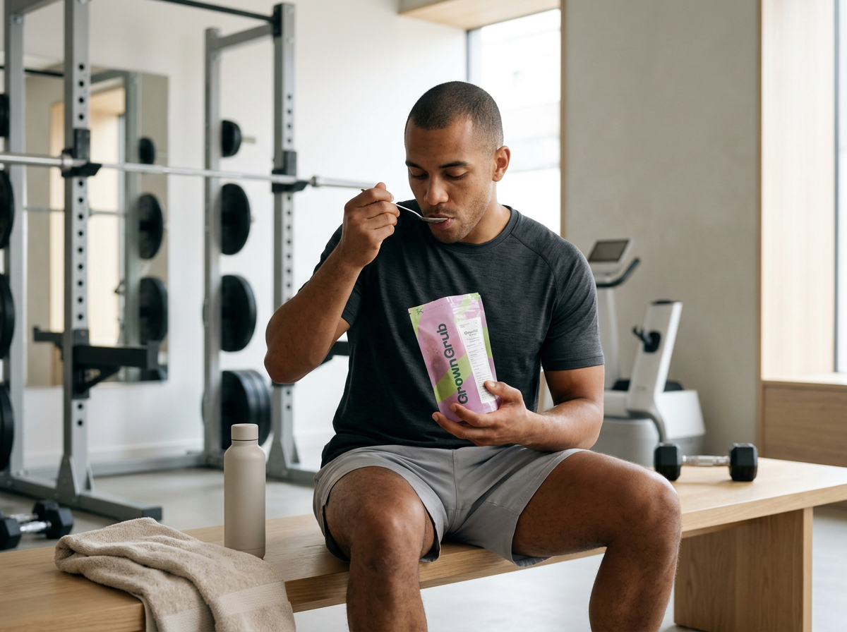 A man sitting on a wooden bench in a gym, eating from a packet labeled 'GROWTHUP'. He is wearing a black t-shirt and gray shorts. There are weights, towels, a water bottle, and fitness equipment around him.