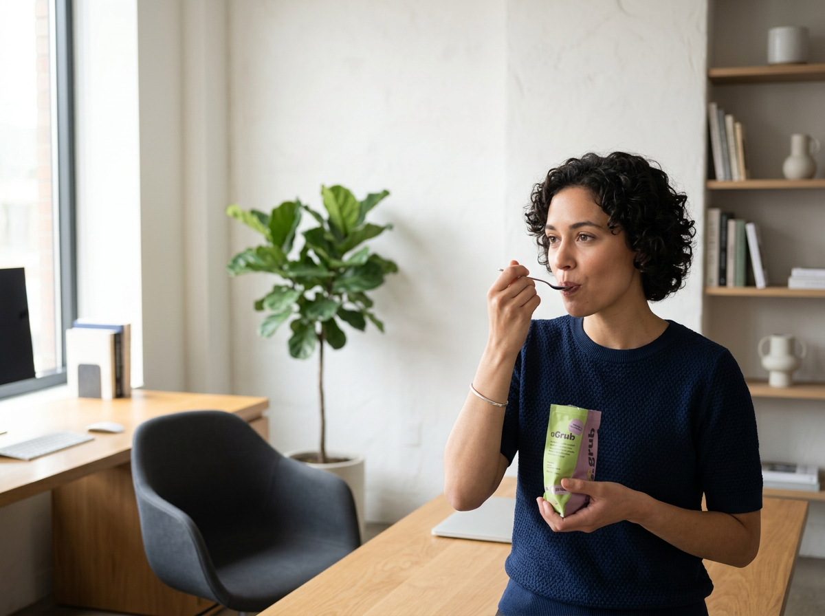 A woman with curly dark hair eating a snack in an office or home office setting, standing near a wooden table with a laptop, behind her a large green plant and white walls with wooden shelves.