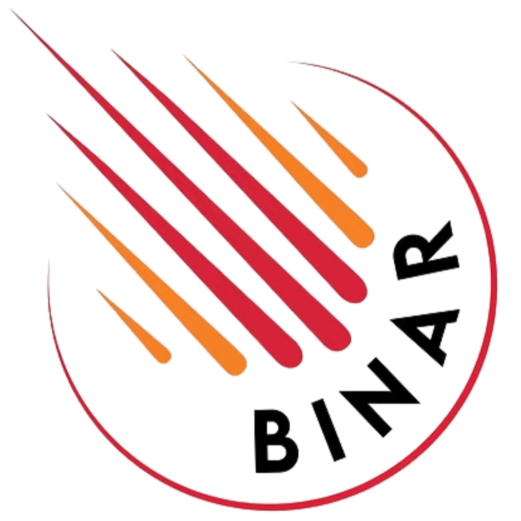 A circular logo with red, orange, and black colors and stylized lines.