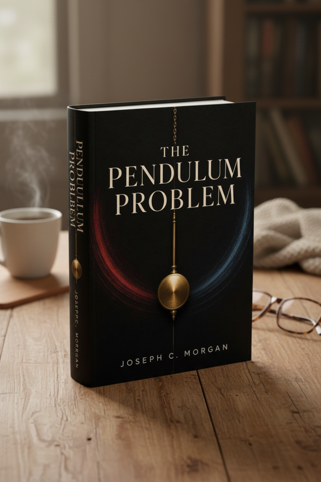 A book titled 'The Pendulum Problem' by Joseph C. Morgan stands upright on a wooden table, with swirling red and blue graphic designs on the cover, alongside a pair of glasses and a cup of coffee.