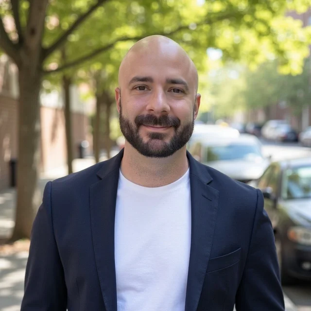 Man with a shaved head and beard smiling, wearing a black blazer and white shirt, standing outdoors on a city street with trees and cars in the background.