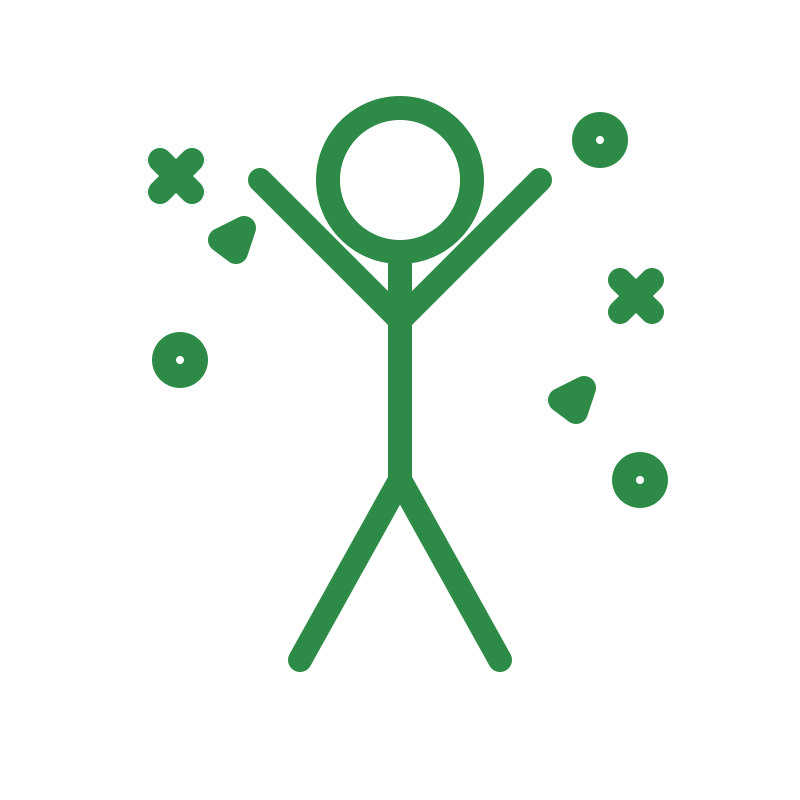 Green outline drawing of a person with arms raised, with various abstract shapes surrounding them.