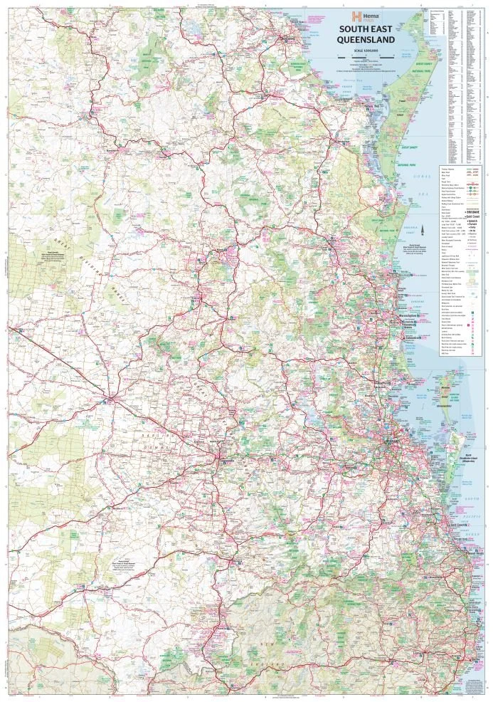 Map of South East Queensland showing roads, highways, cities, towns, and geographical features.