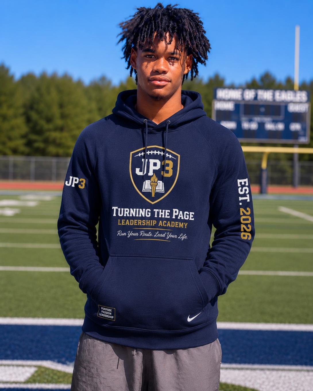 Young man standing on a football field wearing a navy blue hoodie with 'Turning the Page Leadership Academy' printed on it, and a scoreboard in the background.