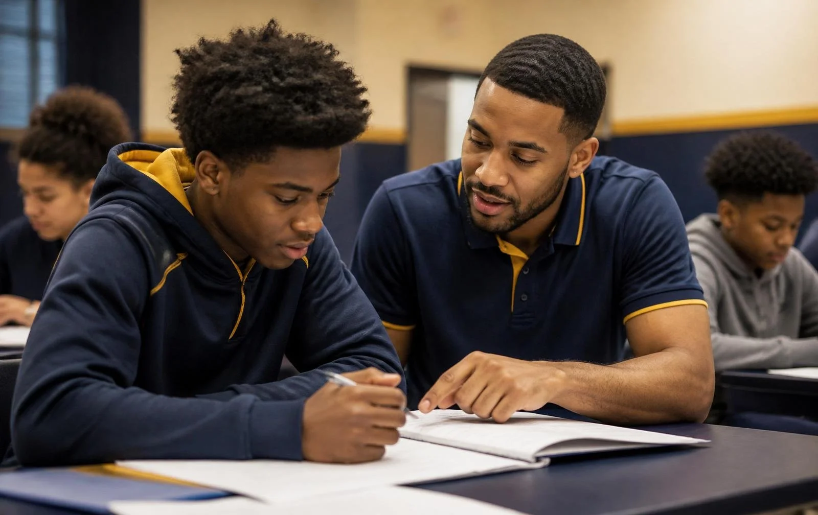 A teacher or coach assisting a student with his work in a classroom or study setting.