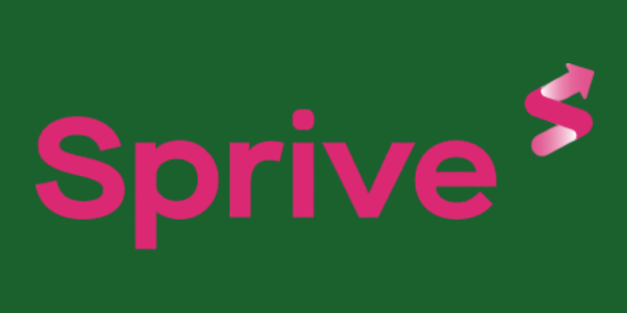 The word 'Sprive' in large pink letters on a green background, with a pink arrow curling upward at the end of the word.