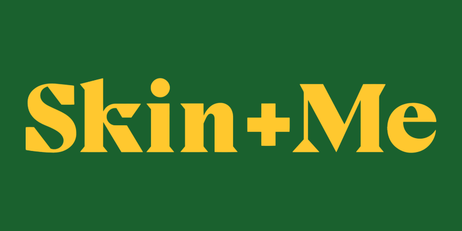 Green background with yellow text saying "Skin+Me"