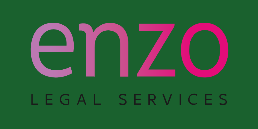 Enzo Legal Services logo with green background, pink and purple text.