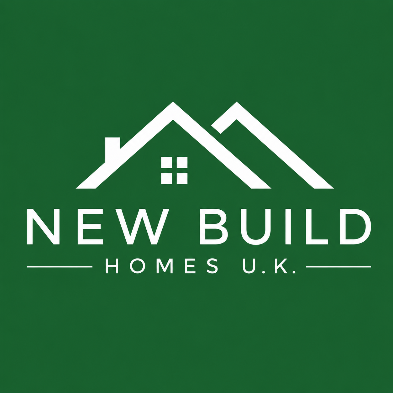 Logo for New Build Homes UK featuring a white outline of a house with pitched roofs and a chimney on a green background, with the text "NEW BUILD HOMES U.K." beneath it.