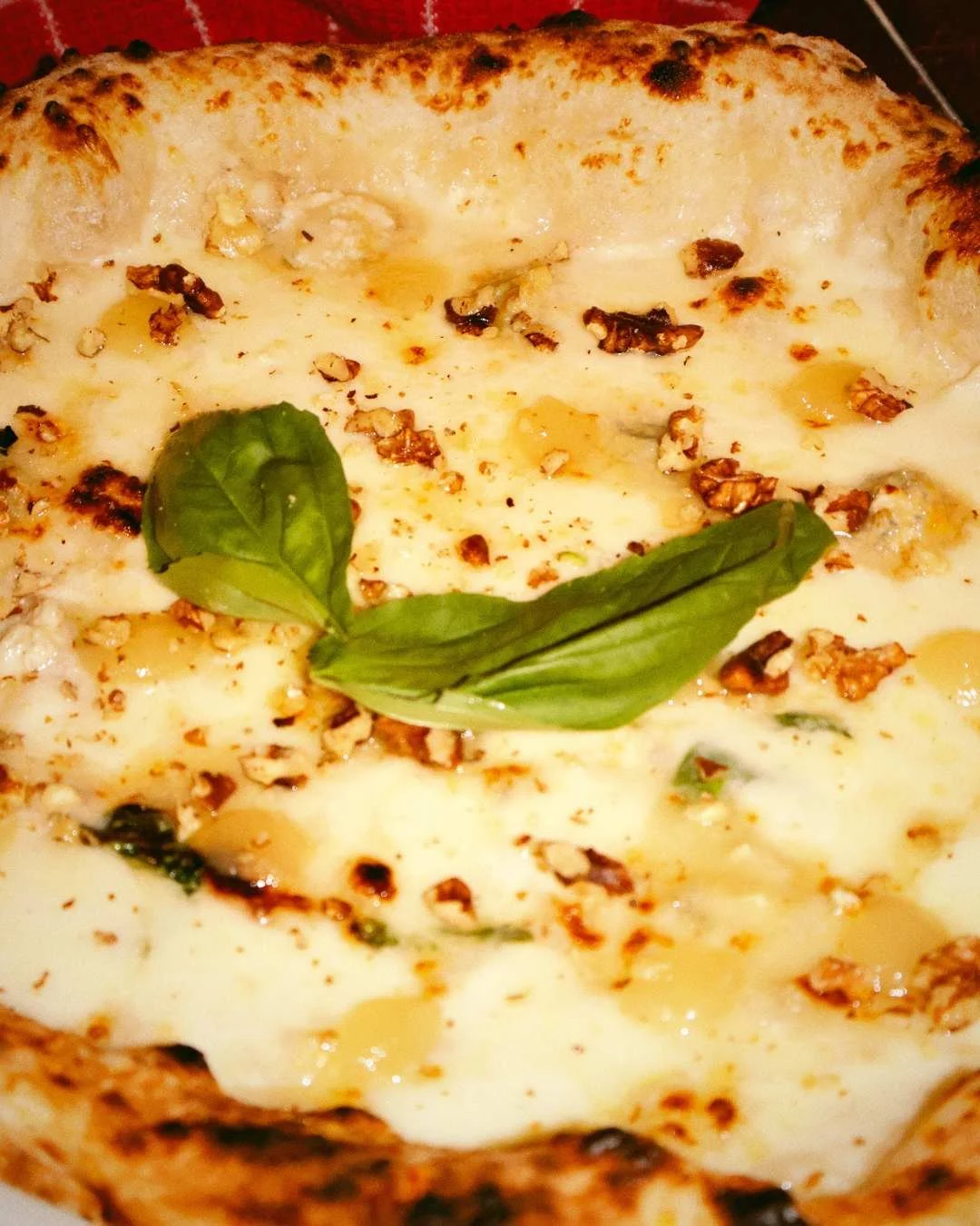 Une pizza blanche avec fromage, noix, feuilles de basilic, et un bord doré.