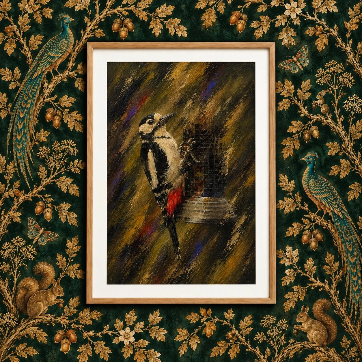 Everyone Is After My Nuts — Woodpecker — Studio Original — £65

A woodpecker pauses at the feeder, its bold markings and flash of red standing out against rich ochre and olive textures. A photograph developed into a one-of-a-kind original artwork, pr