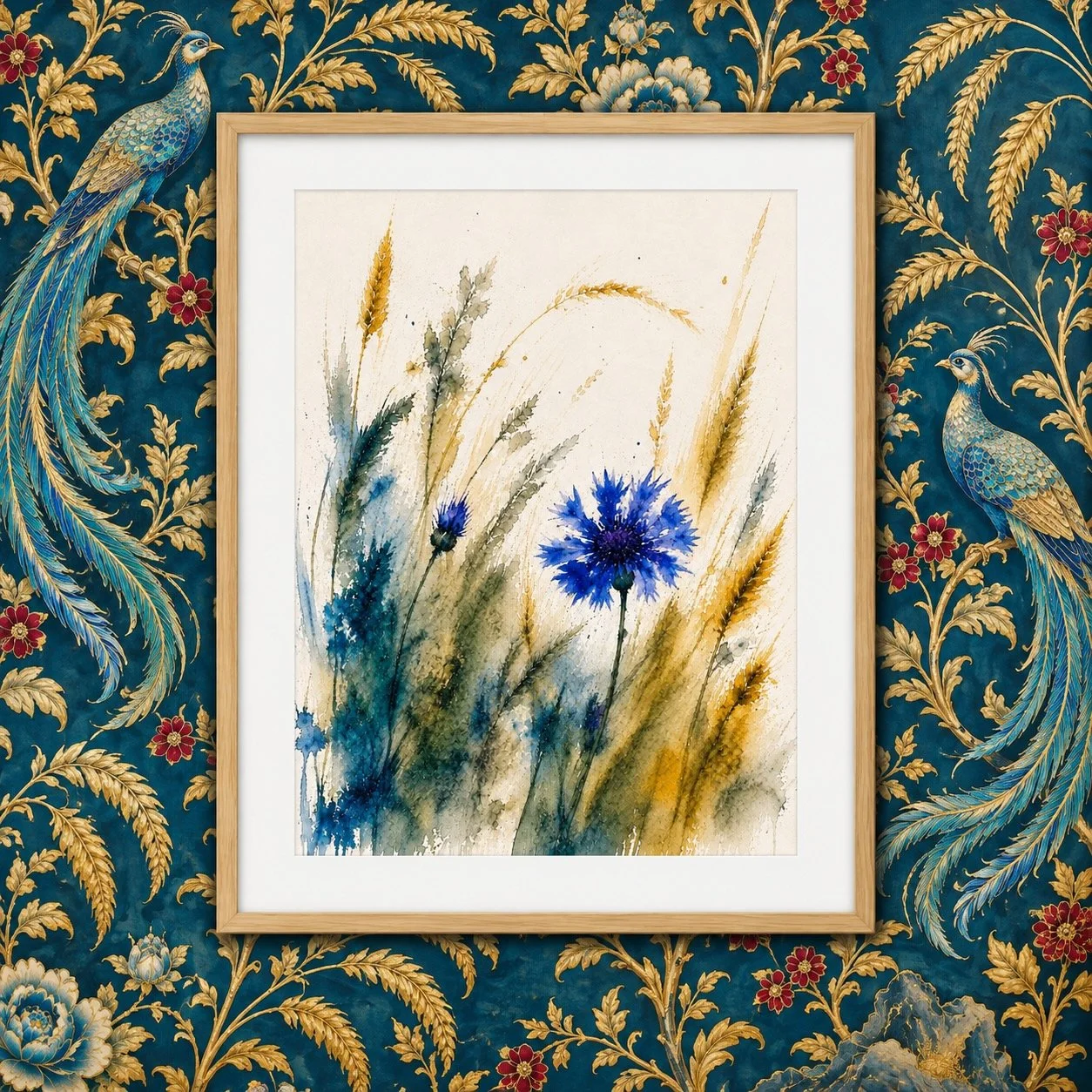 Blue Among the Barley — Cornflower — Studio Original — £65

Vivid cornflower blue among golden barley, with soft sage and flowing teal. A photograph developed into a one-of-one original artwork, presented in light oak and ready to hang.