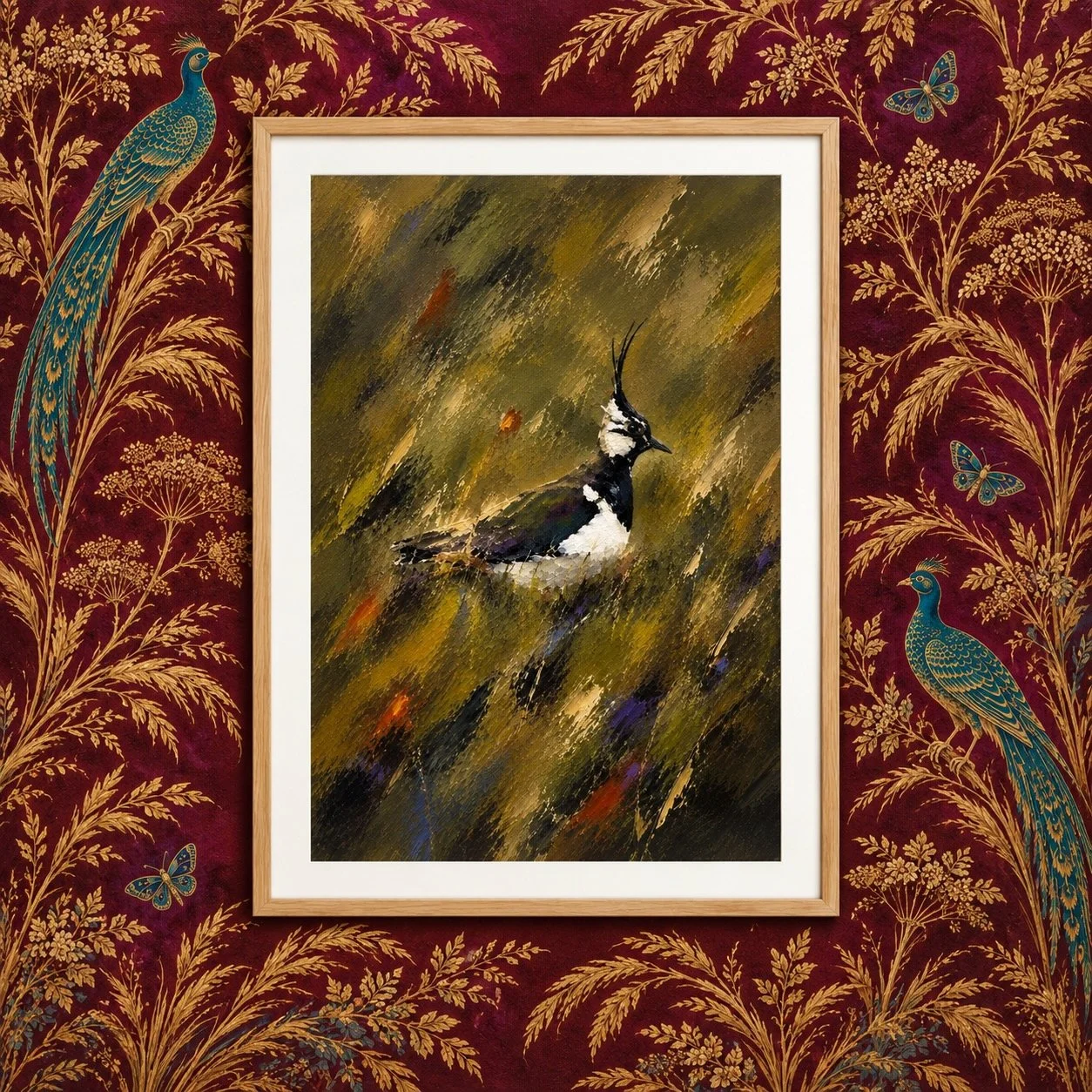 Did You Choose That Hat? — Lapwing — Studio Original — £65

An alert lapwing wears its remarkable crest against sweeping olive and golden grasses, with subtle flashes of violet. A photograph developed into a one-of-a-kind original artwork, presented 