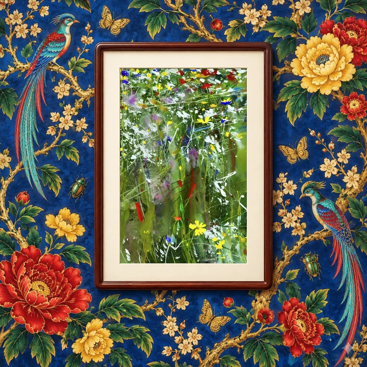 Left to Bloom — Statement Original — £90

A tangle of green, bright yellow flowers and flashes of red, threaded with expressive white marks. A photograph developed into a one-of-one original artwork, framed and ready to hang.