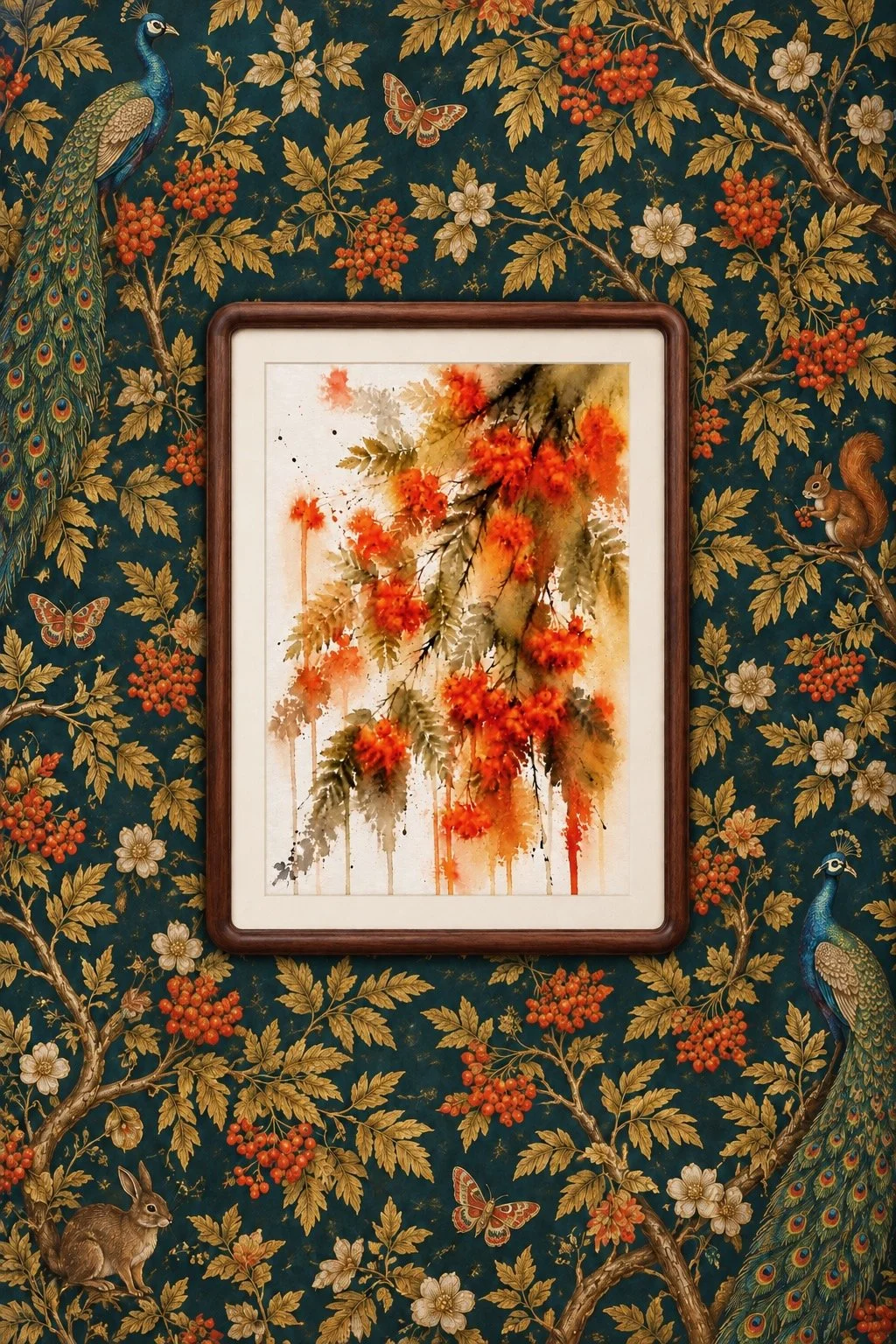 Rowan — Statement Original — £90

Fiery berries cascade through olive leaves and golden washes, with dark branches and trailing colour. A photograph developed into a one-of-one original artwork, presented in a rounded dark-wood frame and ready to han