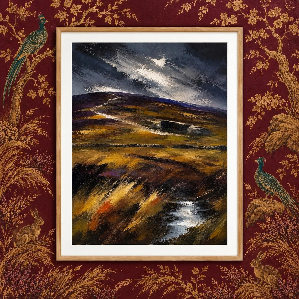 Storm Across the Moor — Studio Original — £65

Storm clouds sweep over open moorland, with golden grasses, a solitary stone barn and silver light along the water. A photograph developed into a one-of-a-kind original artwork, presented in light oak an