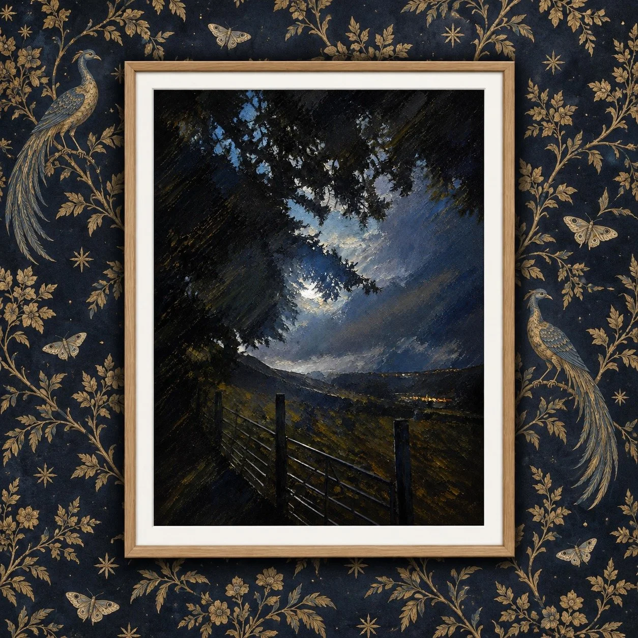 Selene at the Gate — Studio Original — £65

Moonlight breaks through cloud and overhanging branches, illuminating distant hills and scattered village lights beyond a quiet field gate. A photograph developed into a one-of-a-kind original artwork, pres
