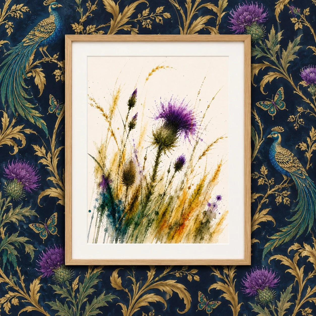 Last Light on the Thistle — Thistle — Studio Original — £65

A vivid purple thistle rises through golden grasses, with olive greens, flowing teal and scattered splashes of violet. A photograph developed into a one-of-a-kind original artwork, presente