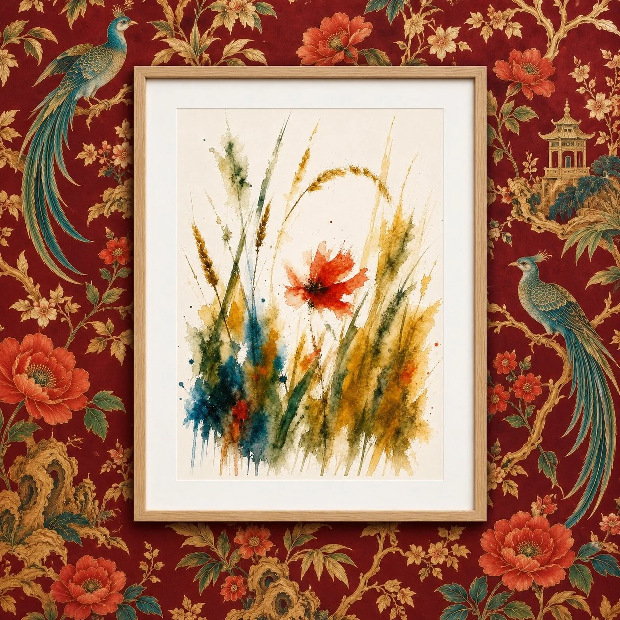 Red in the Meadow — Poppy — Studio Original — £65

A flash of scarlet among golden grasses, with soft olive greens and flowing teal. A photograph developed into a one-of-one original artwork, presented in light oak and ready to hang.