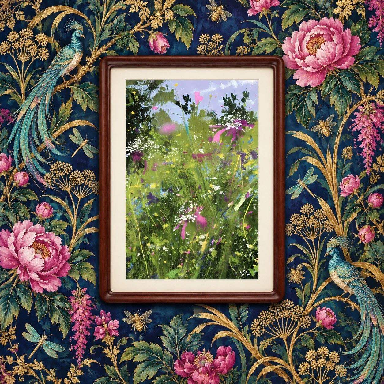 The Hum of Summer — Statement Original — £90

Pink flowers rise through luminous green grasses, with scattered white blossoms and a glimpse of lavender sky. A photograph developed into a one-of-one original artwork, framed and ready to hang.