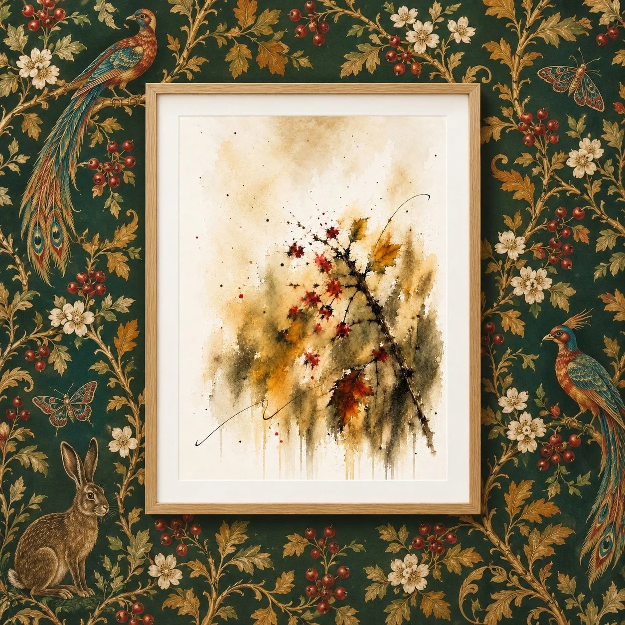 The Hedge Remembers — Hawthorn — Studio Original — £65

A dark, thorny stem curves through golden washes, with scattered crimson berries and fading autumn leaves. A photograph developed into a one-of-a-kind original artwork, presented in light oak an