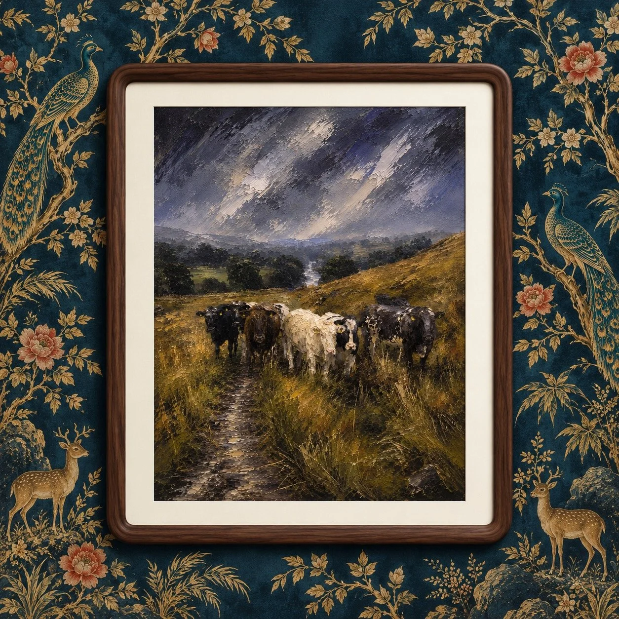 Bring It On! — Statement Original — £90

Five cattle face the viewer with unmistakable confidence, surrounded by golden grasses beneath a dramatic Teesdale sky. A photograph developed into a one-of-a-kind original artwork, presented in a rounded dark
