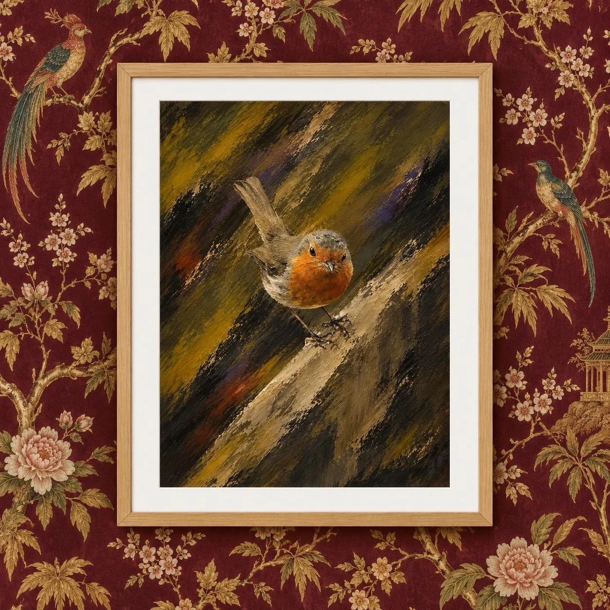 Stealing Worms from the Allotment — Robin — Studio Original — £65

An inquisitive robin pauses on a weathered rail, its bright orange breast glowing against sweeping olive, ochre and charcoal textures. A photograph developed into a one-of-a-kind orig