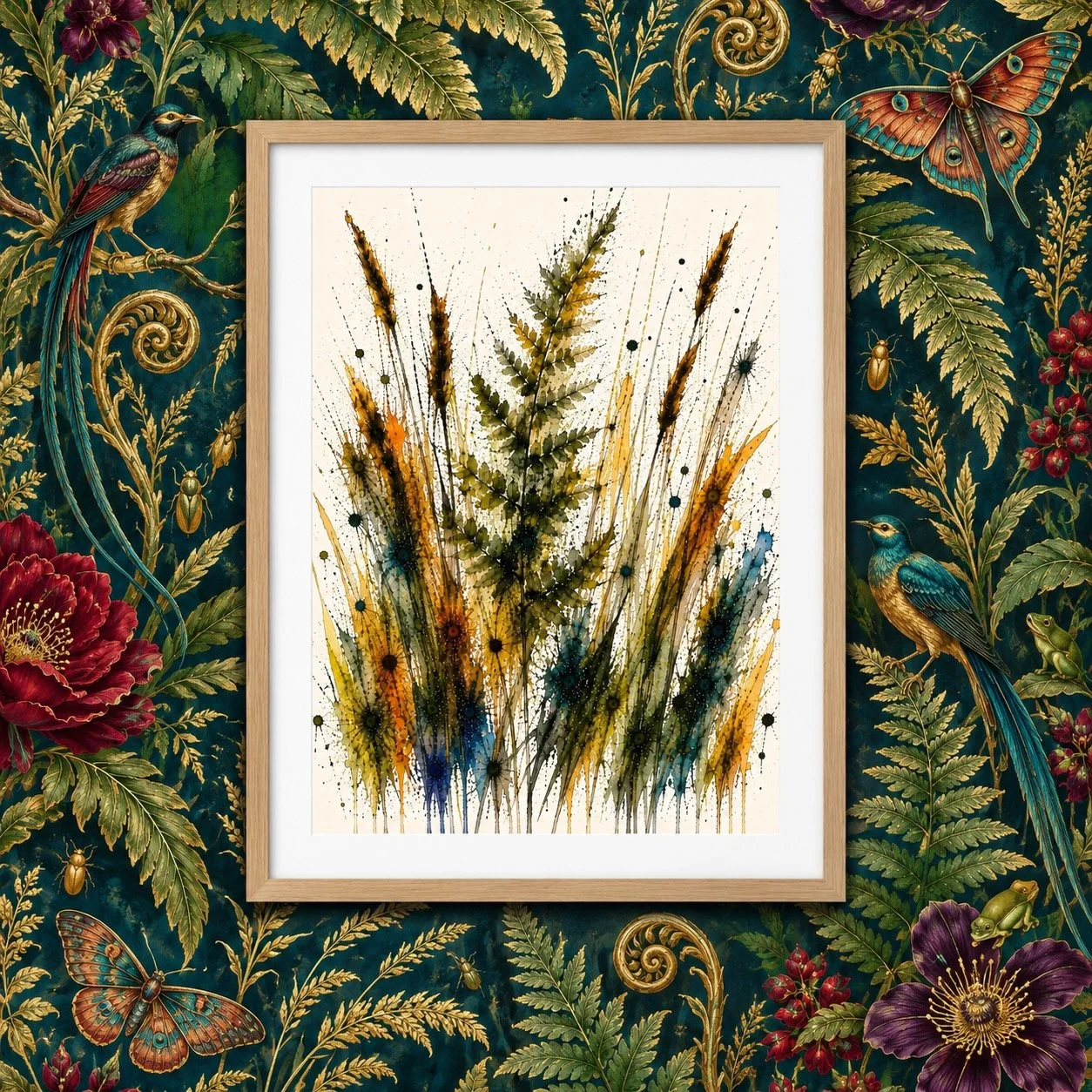 Ancient Green — Fern — Studio Original — £65

A fern rises through golden grasses, with flowing greens, deep teal and expressive splashes of colour. A photograph developed into a one-of-one original artwork, presented in light oak and ready to hang.