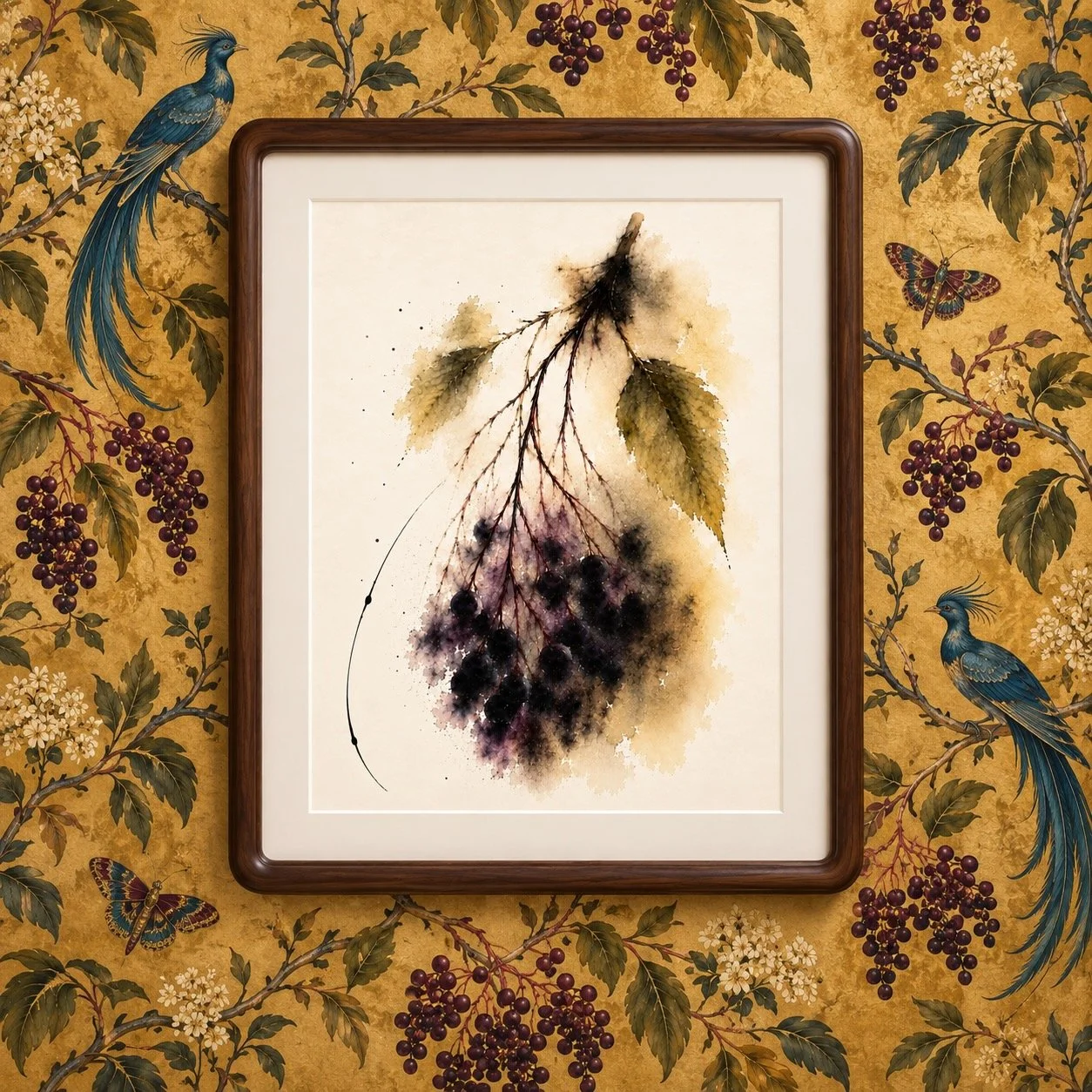 It Must Be Autumn Already — Elderberry — Statement Original — £90

Dark elderberries hang beneath fading golden leaves, with soft plum washes and delicate trailing stems. A photograph developed into a one-of-one original artwork, presented in a round