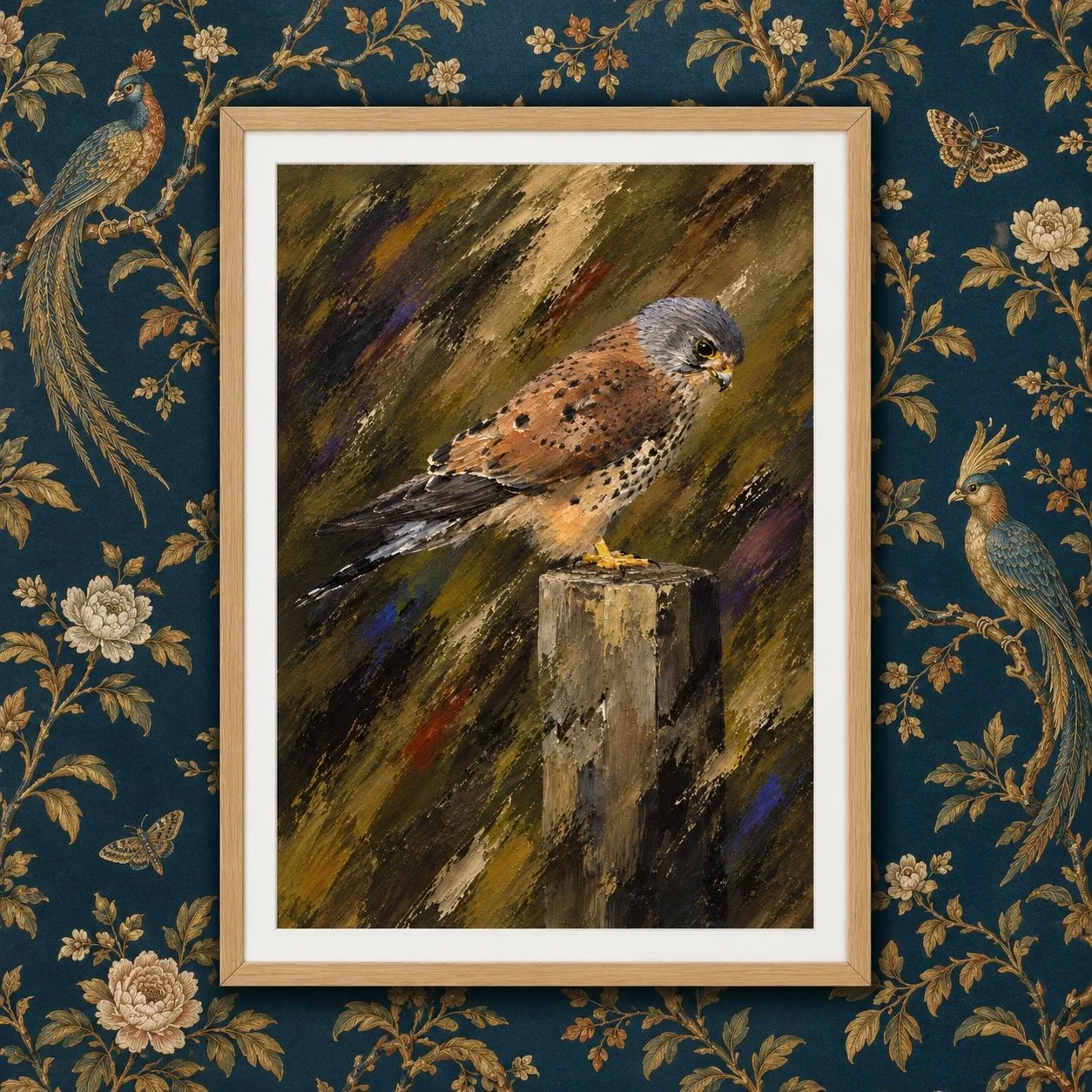 Psycho Killer — Kestrel — Studio Original — £65

A kestrel surveys its surroundings from a weathered post, with slate-grey and russet plumage set against restless streaks of gold and olive. A photograph developed into a one-of-a-kind original artwork