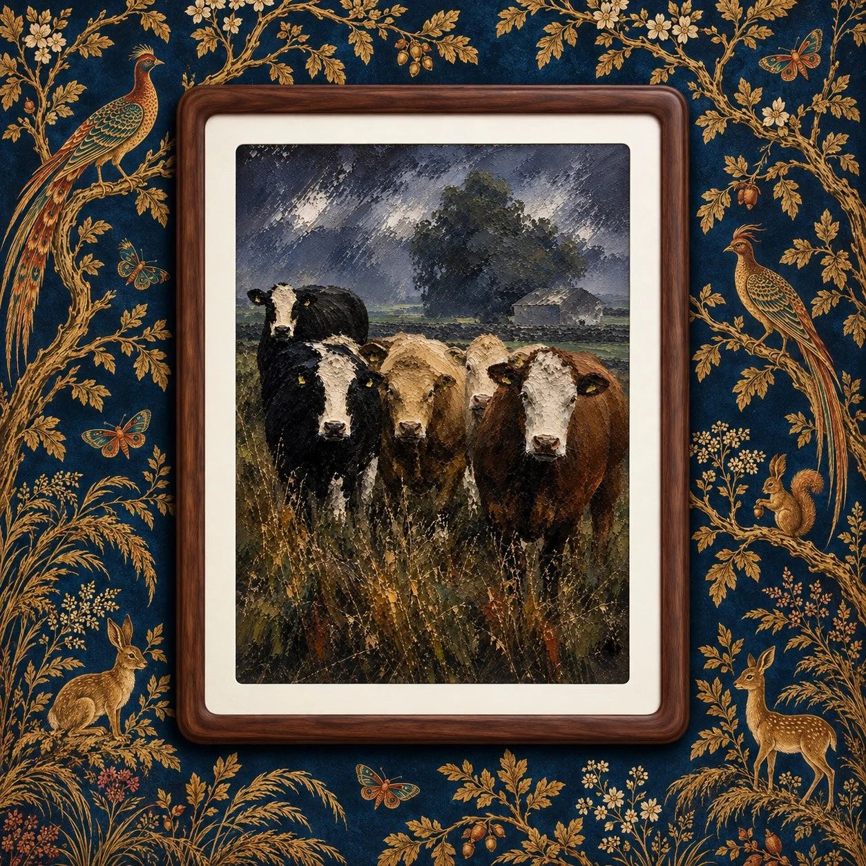 The Posse — Statement Original — £90

A gathering of curious cattle holds the path, with the valley unfolding behind them beneath a restless sky. A photograph developed into a one-of-a-kind original artwork, presented in a rounded dark-wood frame and
