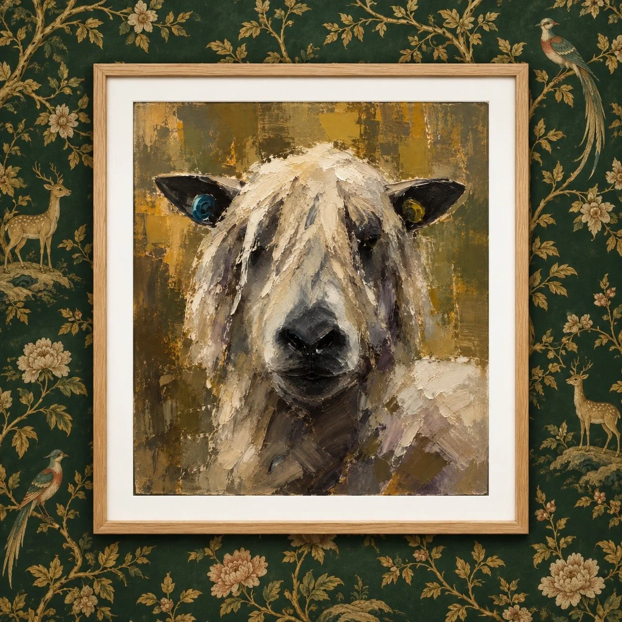 The Brochure Said I Would Look Like Ruud Gullit — Studio Original — £65

A gloriously shaggy sheep peers through a curtain of cream wool, its dark nose and colourful ear tags standing out against warm ochre and olive textures. A photograph developed 
