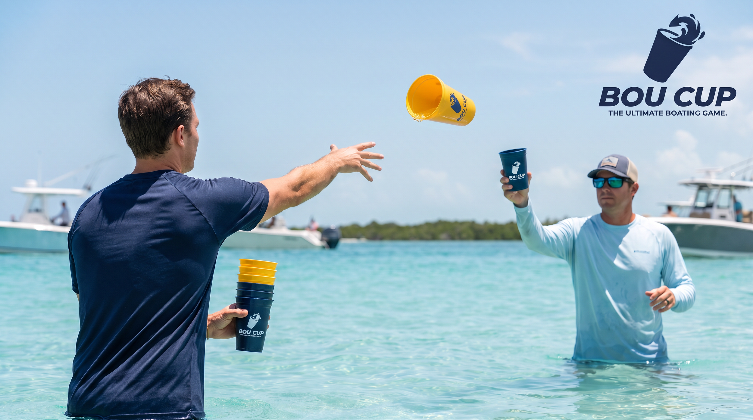 Two men participate in a boat competition called BOU CUP near the ocean, tossing cups into the water. One man is wearing a navy shirt, while the other wears sunglasses and a cap. Boats can be seen anchored in the background on a clear day.