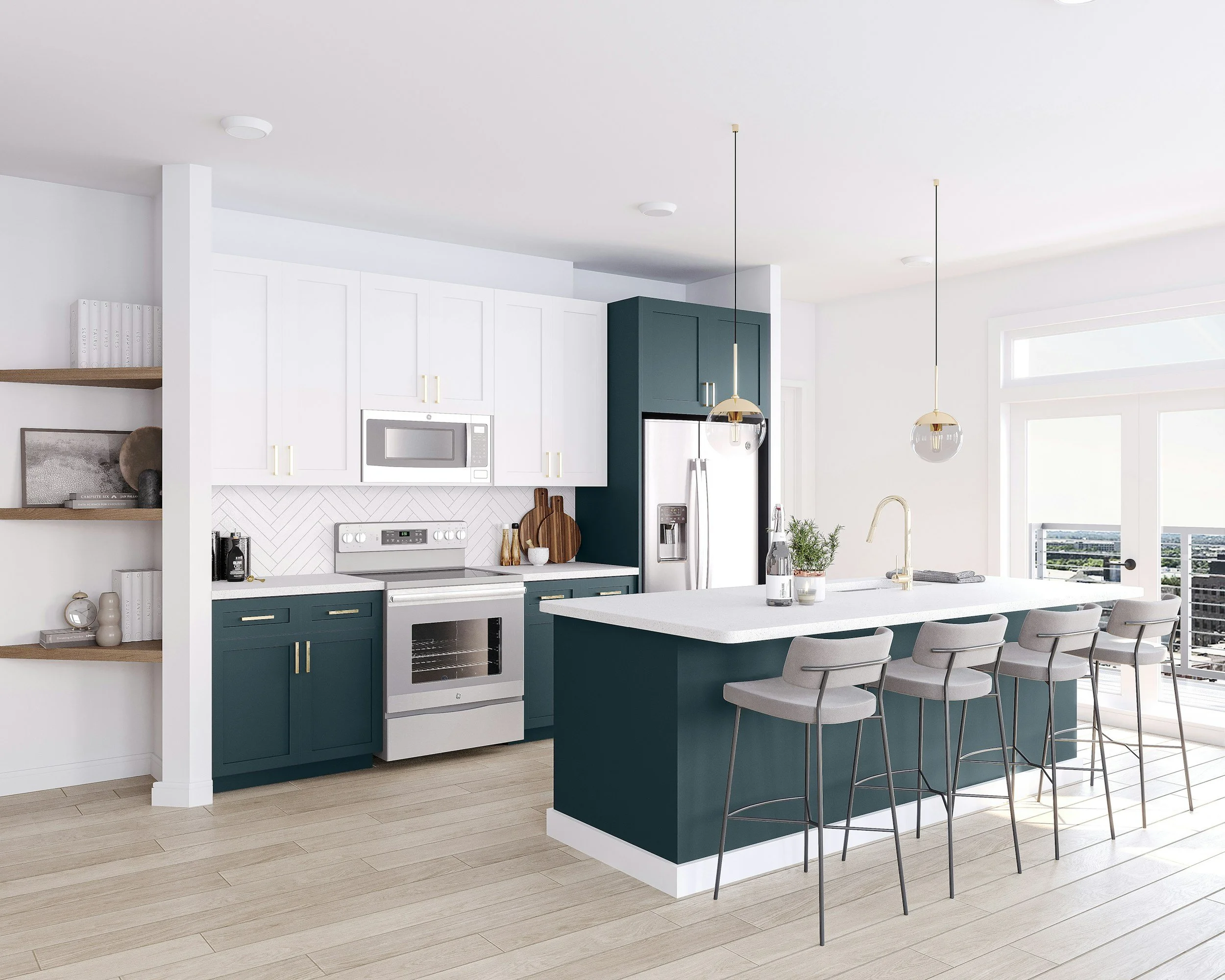 Modern kitchen with blue and white cabinets, white walls, pendant lights, a kitchen island with bar stools, and a window with a city view.