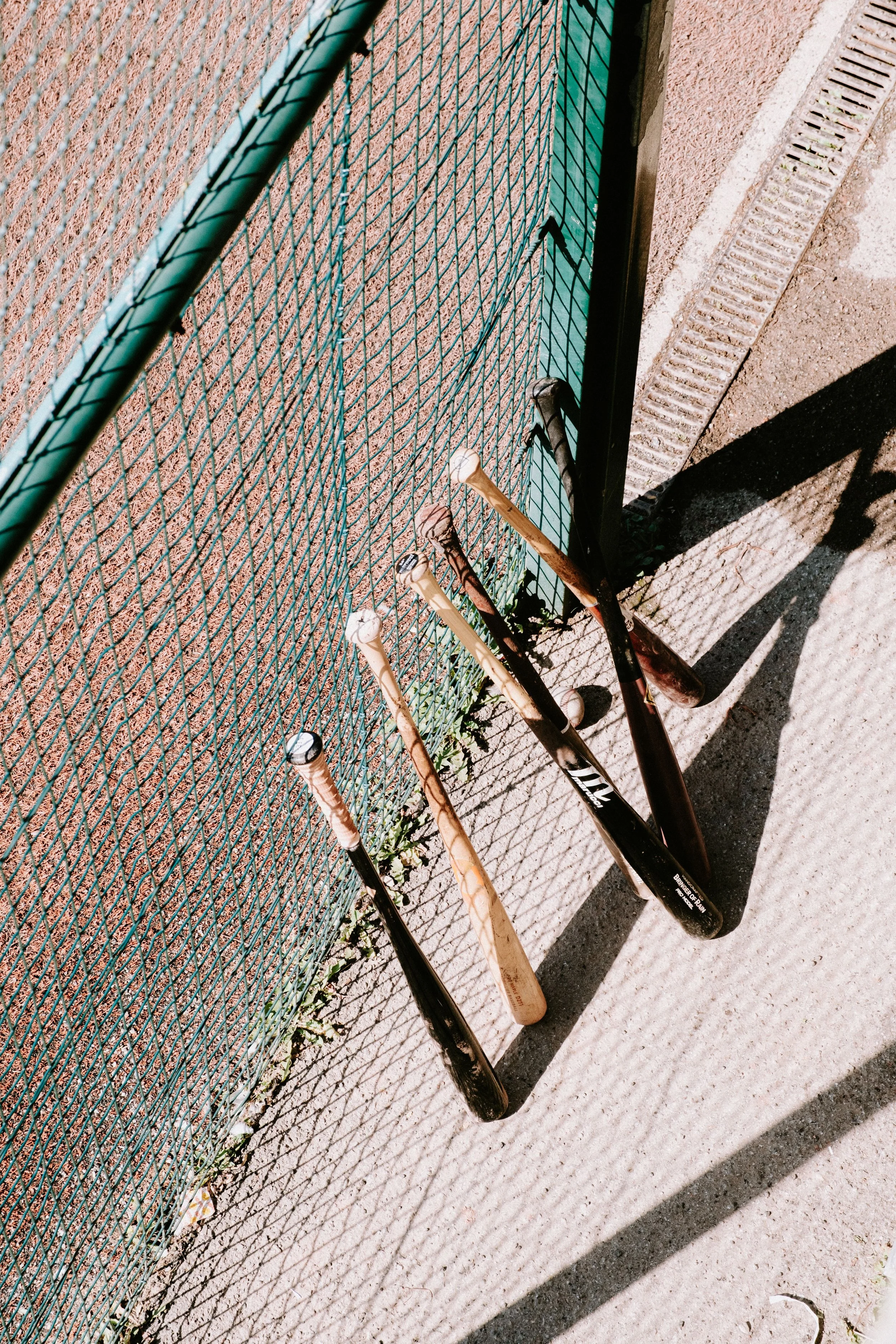 Three baseball bats leaning against a green wire fence on a concrete sidewalk with a drainage grate nearby.