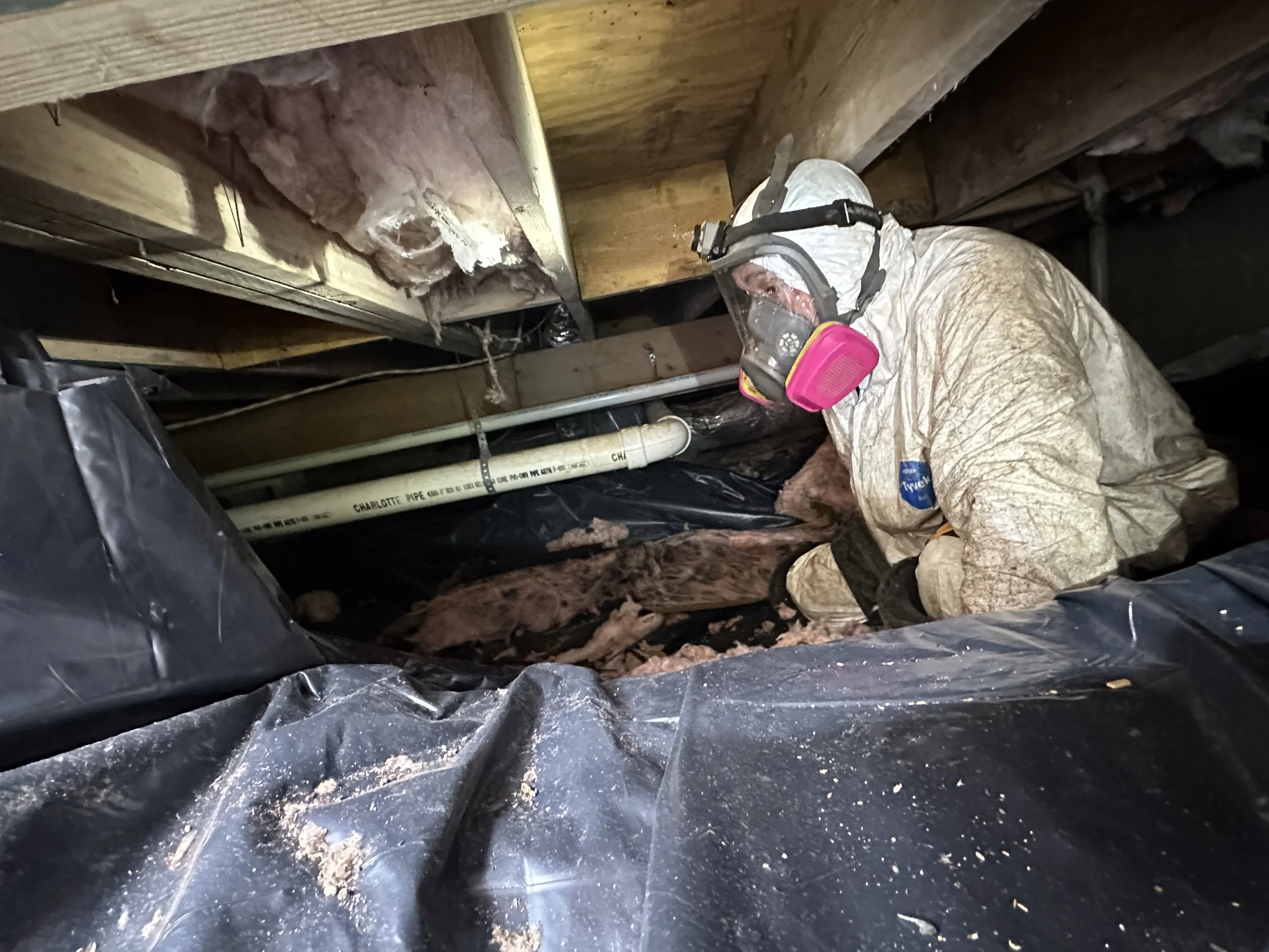 A worker wearing protective gear, including a respirator mask and gloves, insulating a ceiling with fiberglass insulation in an attic space.