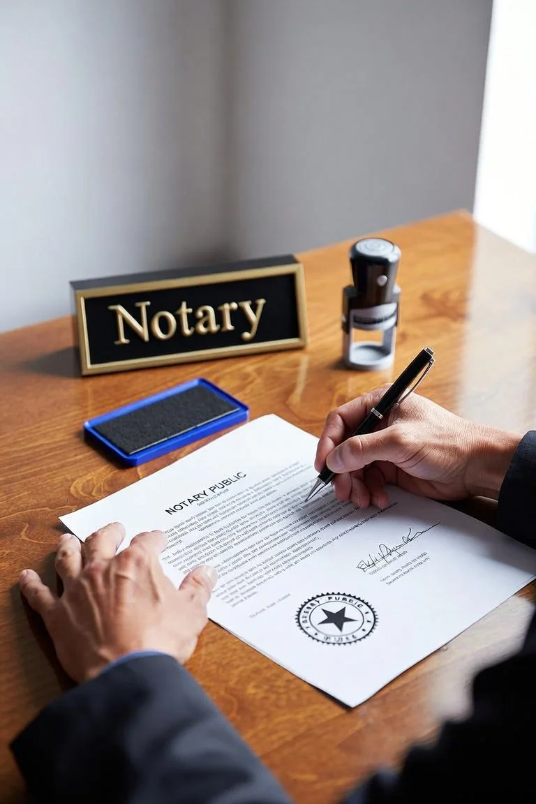 Person signing a notary public document on a wooden desk, with a notary stamp, notary sign, and stamp pad nearby.