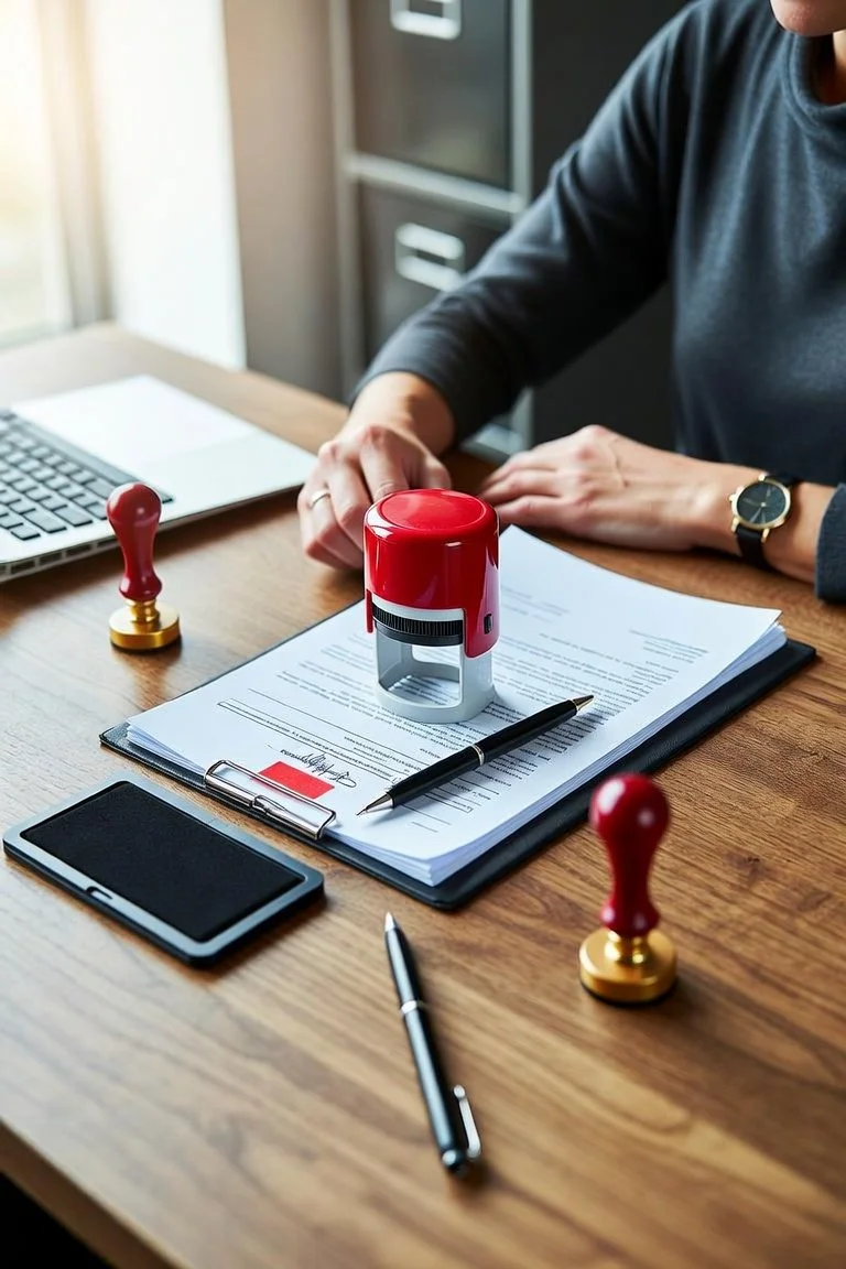 Person stamping a signed document on a wooden desk surrounded by office supplies and personal items.