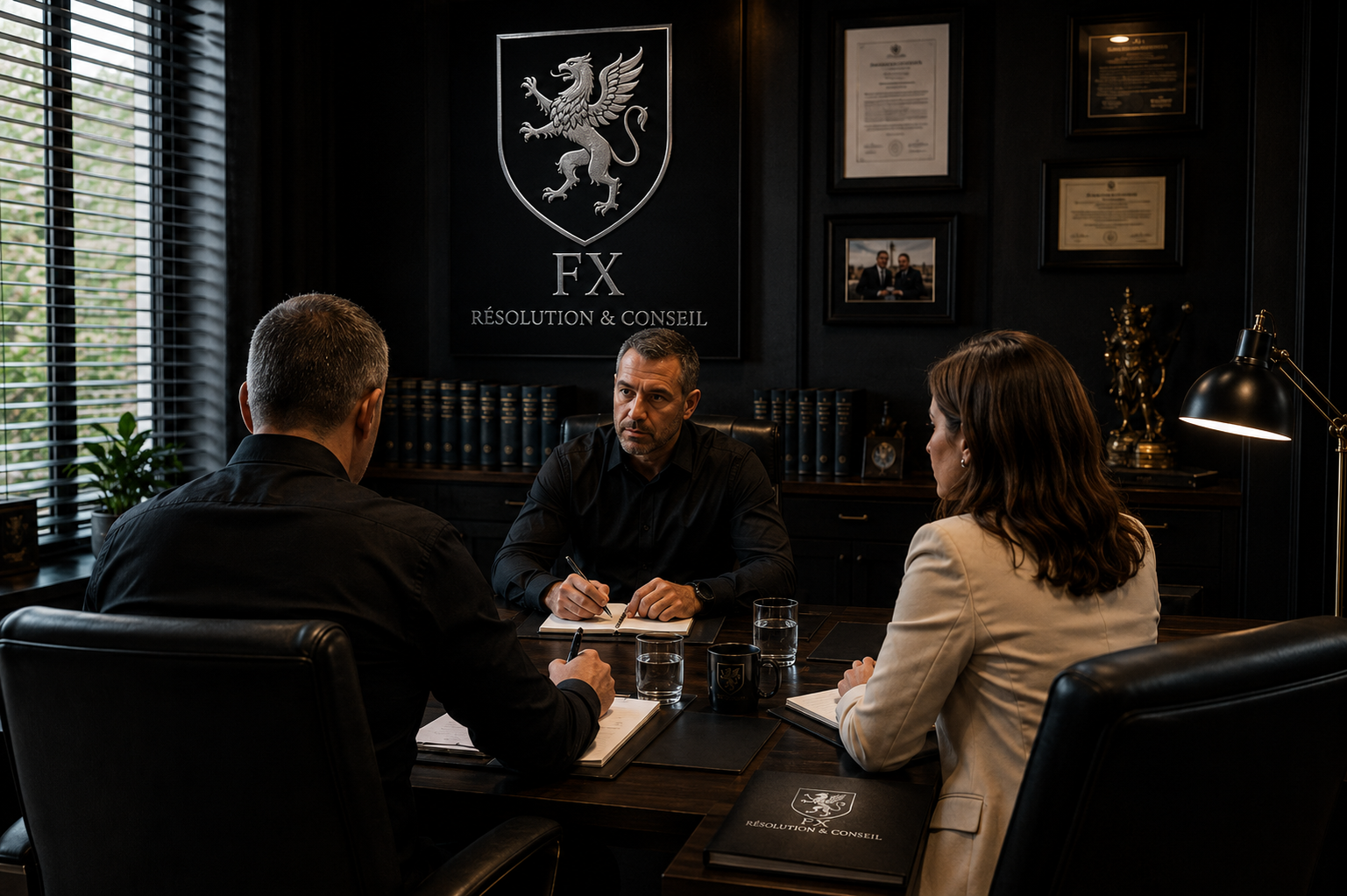 Réunion de gestion de crise et négociation au cabinet FX Résolution & Conseil