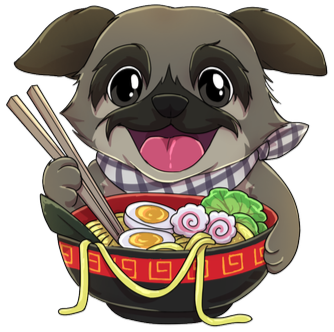 Cute cartoon dog holding chopsticks and a bowl of ramen with eggs, narutomaki, and vegetables.
