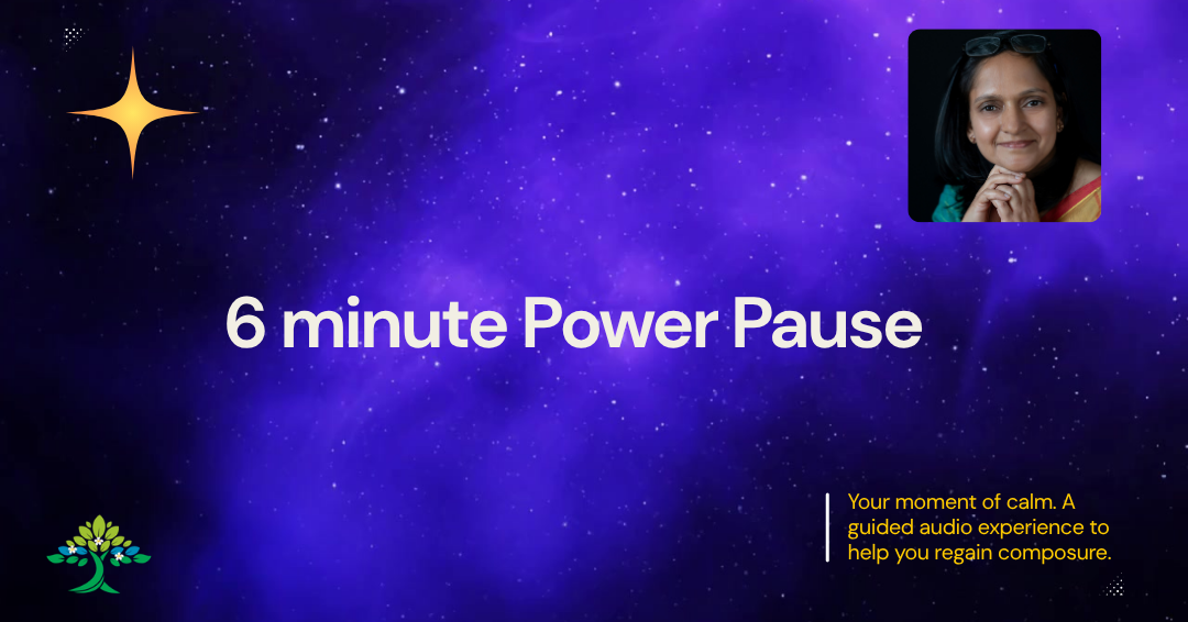 A digital retreat slide titled '6 minute Power Pause' with a starry purple background, a woman’s photo in the top right corner, a gold star in the top left, a green tree in the bottom left, and a yellow description in the bottom right that says: 'Your moment of calm. A guided audio experience to help you regain composure.'