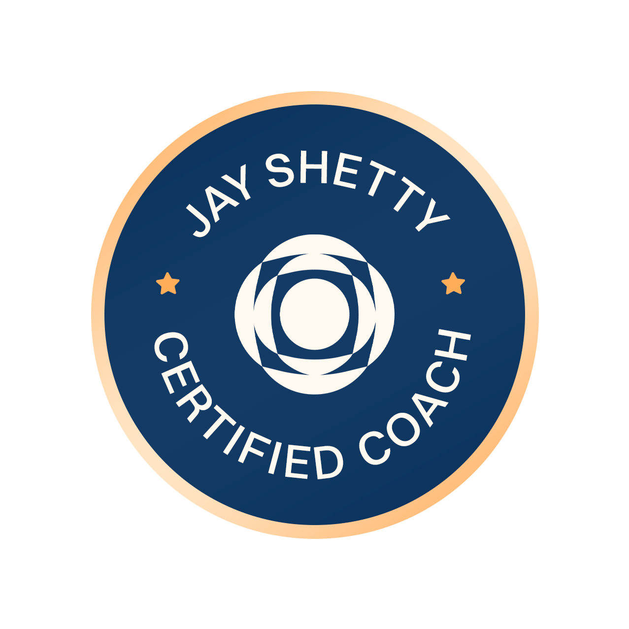 Certification badge with the text 'Jay Shetty Certified Coach' and a circular design in the center, on a beige background.