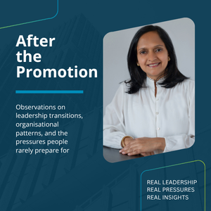 Book cover titled "After the Promotion" featuring a woman in a white shirt smiling, with text about leadership transitions, organizational patterns, and pressures, highlighting real leadership, pressures, and insights.