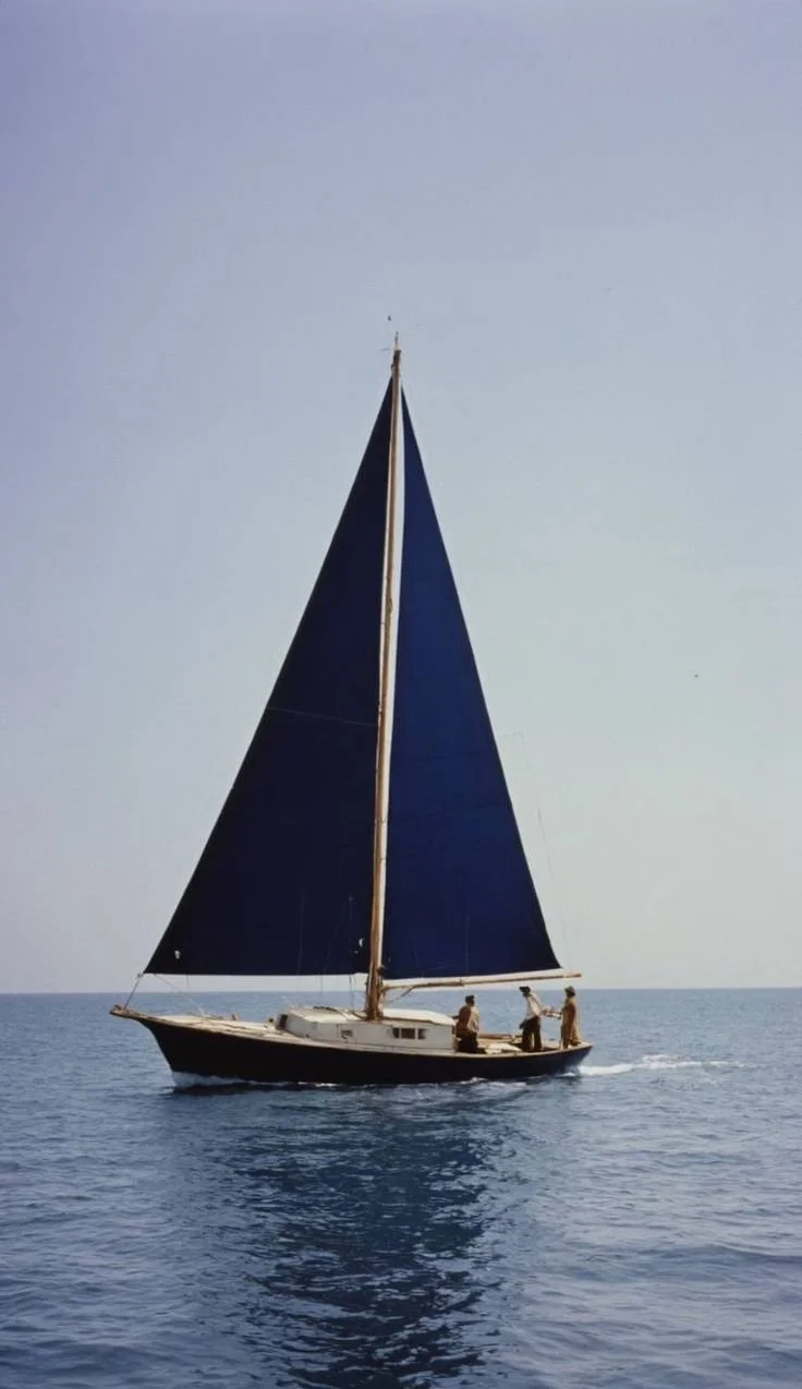 A sailboat with dark blue sails sailing on calm open water with three people on deck.