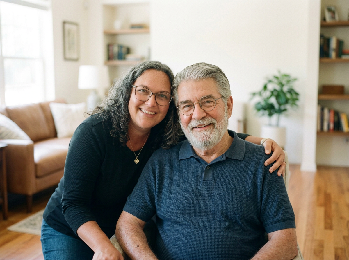 A woman and an older man smiling and posing together in a cozy, well-lit living room with a couch, bookshelf, and potted plant in the background.