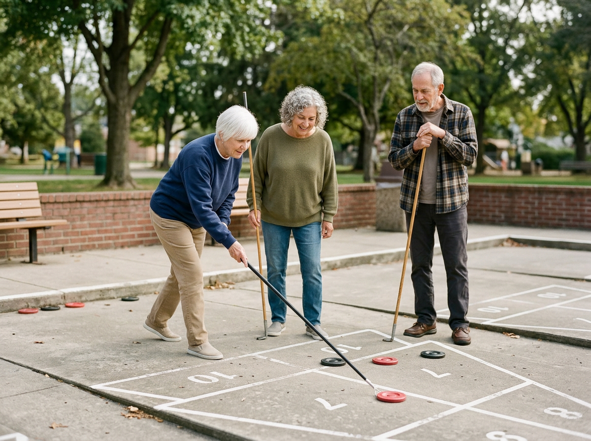 Three elderly people playing shuffleboard on an outdoor court. One person is preparing to slide a puck, while the others observe and hold shuffleboard sticks. The court is outdoors surrounded by trees.