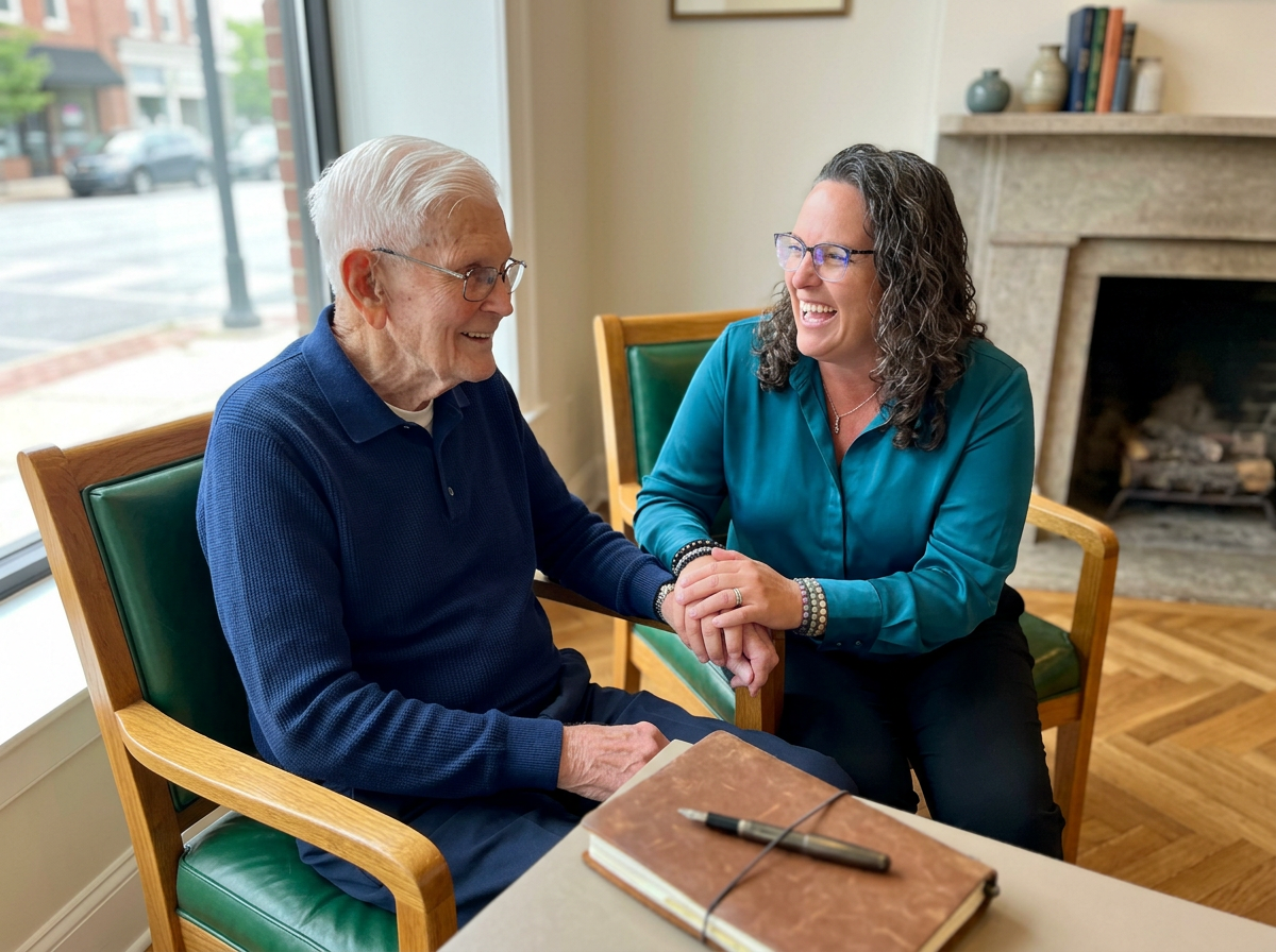 An elderly man with white hair and glasses smiling and holding hands with a middle-aged woman with curly hair and glasses, sitting at a table in a cozy room with a fireplace and books, sharing a joyful moment.