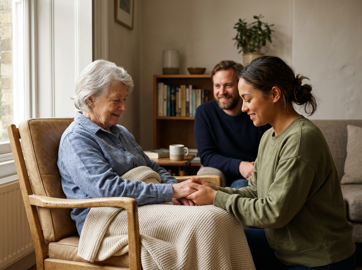 A young woman holding hands with an elderly woman sitting in a chair, with a man sitting behind them smiling.