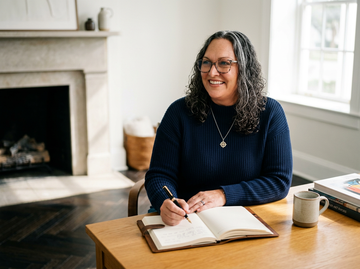 A woman with curly hair and glasses sitting at a wooden table, writing in a notebook, with a mug and a stack of books beside her, near a window in a bright room.
