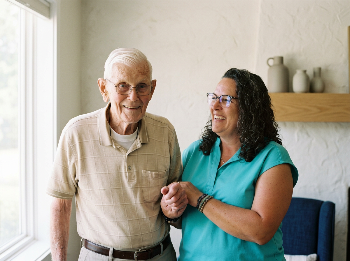 An elderly man in glasses and a beige polo shirt is smiling while holding hands with a woman in a turquoise shirt. They are standing indoors near a window with a white textured wall and a shelf with ceramic vases in the background.